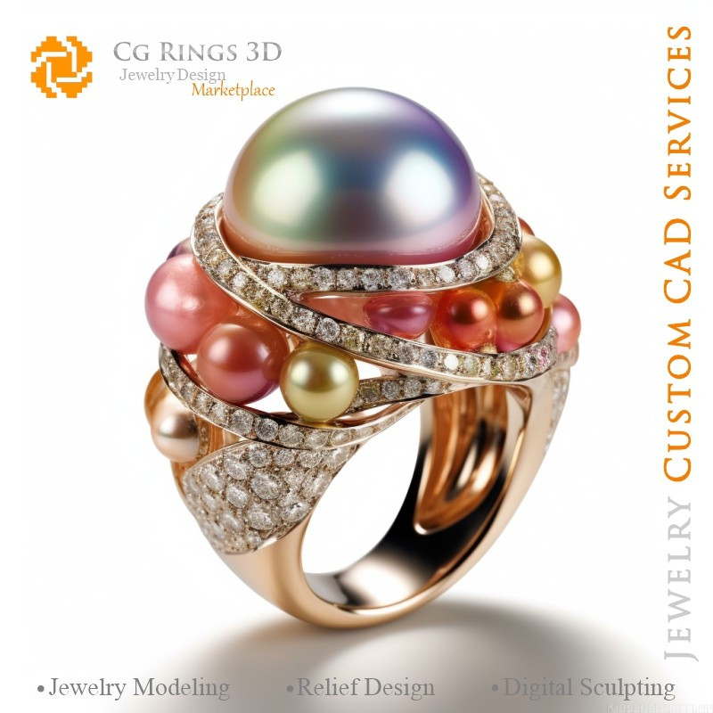 Ring with Pearls and Diamonds - 3D CAD Jewelry