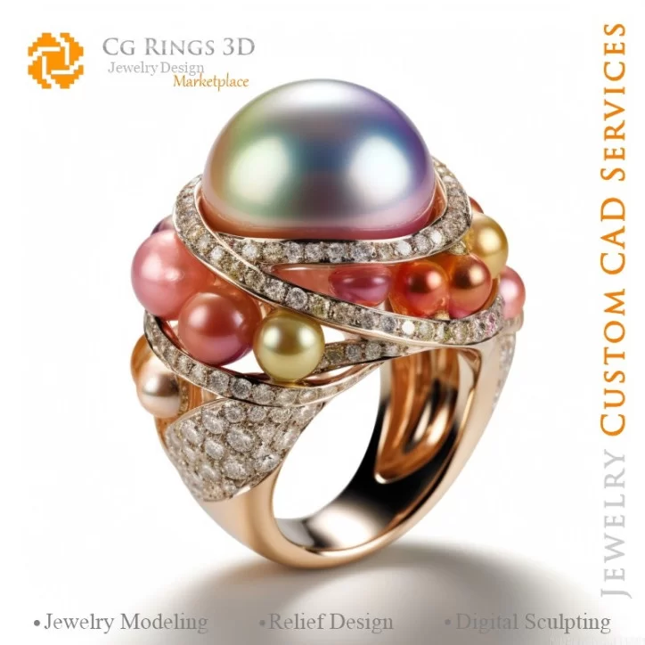 Bague avec Perles et Diamants - Bijoux 3D CAO