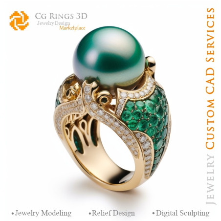 Bague avec Perles, Émeraudes et Diamants - Bijoux 3D CAO