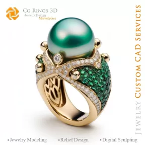Bague avec perles, émeraudes et diamants - 3D CAO Bijoux Maison, IA - Bijoux 3D CAO, IA - Bagues 3D CAO, IA - 3D CAO Bijoux Melo