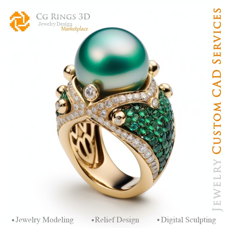 Ring with Pearls, Emerals and Diamonds - 3D CAD Jewelry