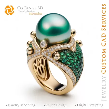 Bague avec perles, émeraudes et diamants - 3D CAO Bijoux Maison, IA - Bijoux 3D CAO, IA - Bagues 3D CAO, IA - 3D CAO Bijoux Melo
