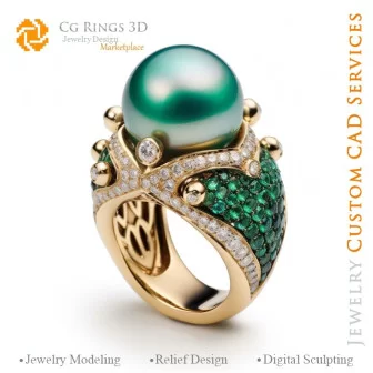 Bague avec Perles, Émeraudes et Diamants - Bijoux 3D CAO Home, AI - Bijoux 3D CAO, AI - Anneaux 3D CAO , AI - Bijoux 3D CAO Mélo