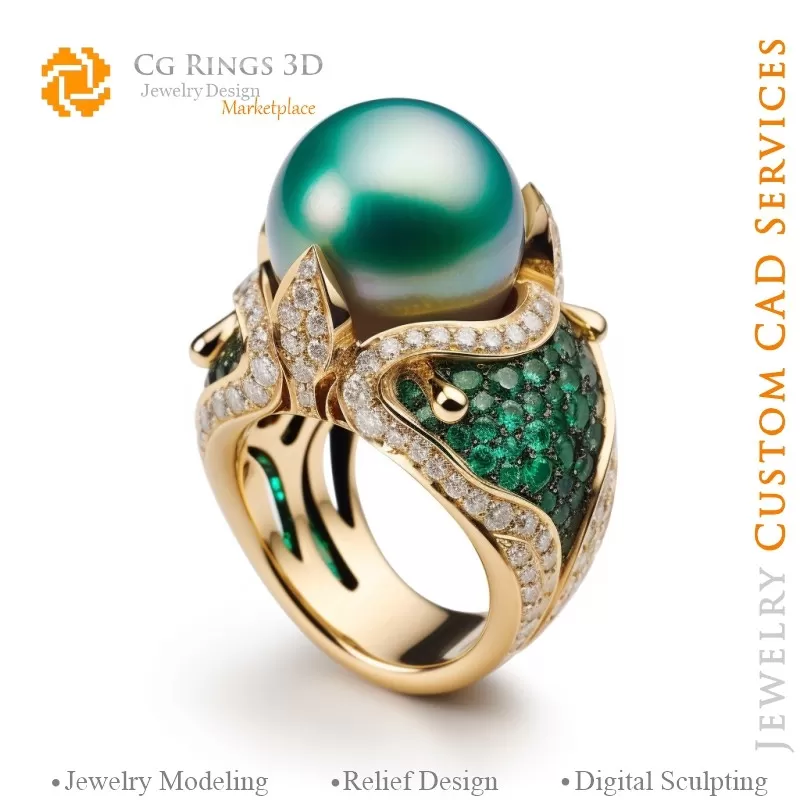 Bague avec perles, émeraudes et diamants - 3D CAO Bijoux