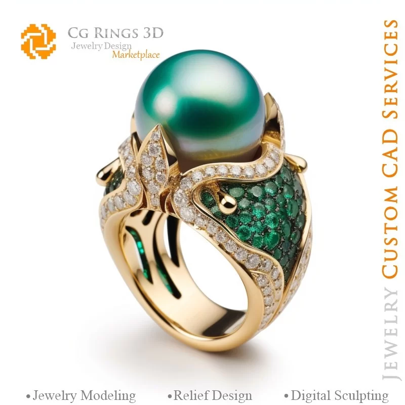 Bague avec Perles, Émeraudes et Diamants - Bijoux 3D CAO Home, AI - Bijoux 3D CAO, AI - Anneaux 3D CAO , AI - Bijoux 3D CAO Mélo