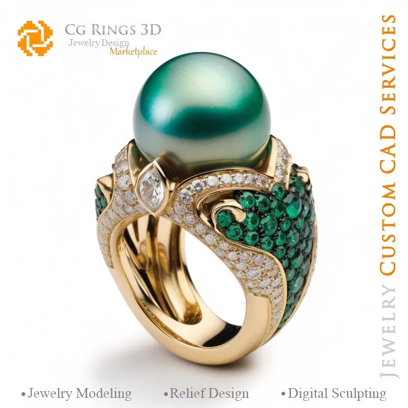 Bague avec Perles, Émeraudes et Diamants - Bijoux 3D CAO Home, AI - Bijoux 3D CAO, AI - Anneaux 3D CAO , AI - Bijoux 3D CAO Mélo