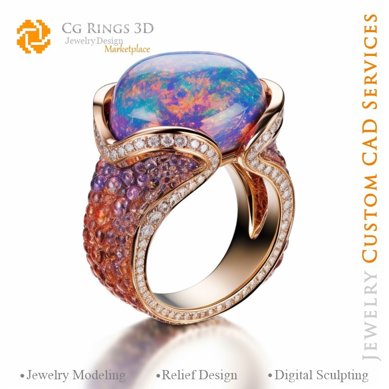 Bague avec Opale - Bijoux 3D CAO Home, AI - Bijoux 3D CAO, AI - Anneaux 3D CAO , AI - Bijoux 3D CAO Mélodie des Couleurs, AI - B