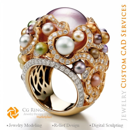 Bague avec Perles et Diamants - Bijoux 3D CAO Home, AI - Bijoux 3D CAO, AI - Anneaux 3D CAO , AI - Bijoux 3D CAO Mélodie des Cou