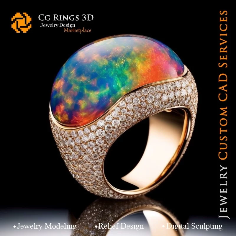 Bague avec Opale et Diamants - Bijoux 3D CAO Home, AI - Bijoux 3D CAO, AI - Anneaux 3D CAO , AI - Bijoux 3D CAO Mélodie des Coul