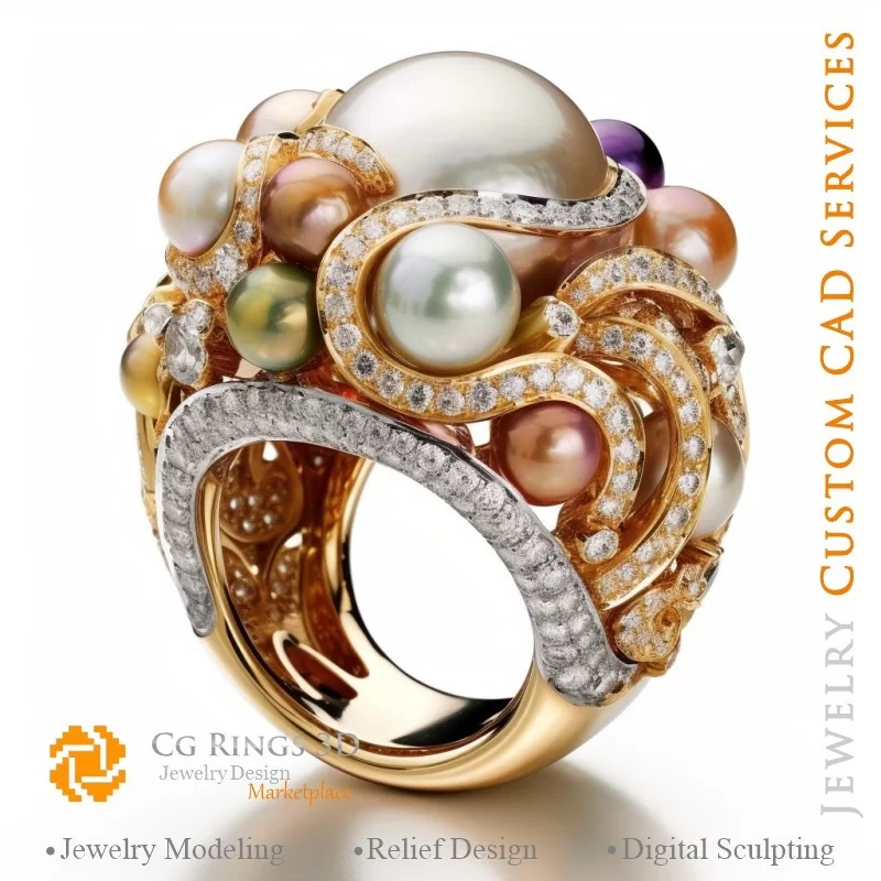 Ring with Pearls and Diamonds - 3D CAD Jewelry Home, AI - Jewelry 3D CAD , AI - Rings 3D CAD , AI - 3D CAD Jewelry Melody of Col