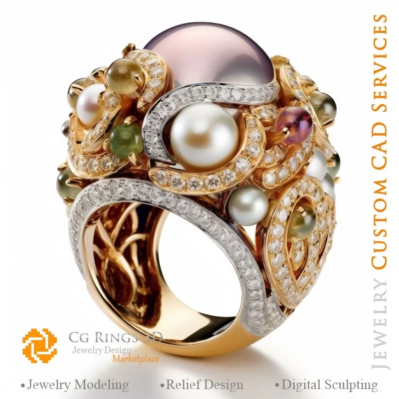 Bague avec Perles et Diamants - Bijoux 3D CAO Home, AI - Bijoux 3D CAO, AI - Anneaux 3D CAO , AI - Bijoux 3D CAO Mélodie des Cou