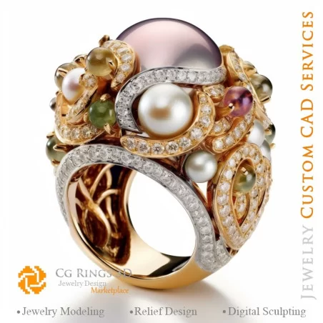 Ring with Pearls and Diamonds - 3D CAD Jewelry Home, AI - Jewelry 3D CAD , AI - Rings 3D CAD , AI - 3D CAD Jewelry Melody of Col