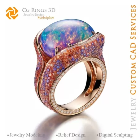 Anillo con Ópalo - CAD 3D Joyería Hogar, IA - CAD 3D Joyería, IA - CAD 3D Anillos, IA - CAD 3D Joyería Melodía de Colores, IA -