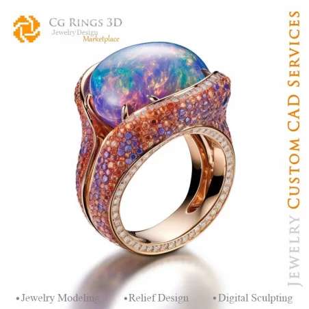 Bague avec Opale - Bijoux 3D CAO Home, AI - Bijoux 3D CAO, AI - Anneaux 3D CAO , AI - Bijoux 3D CAO Mélodie des Couleurs, AI - B