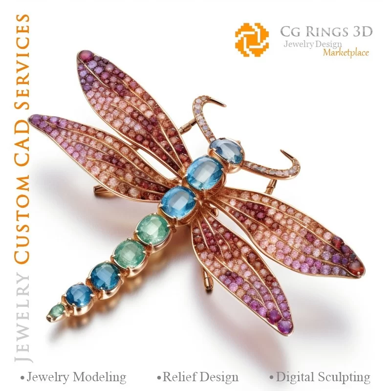 Dragonfly Pendant with Melody of Colours - 3D CAD Jewelry Home, AI - Jewelry 3D CAD , AI - Pendants 3D CAD , AI - 3D CAD Jewelry