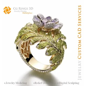 Blumenring mit Peridot und Tansanit - 3D-CAD-Schmuck Zuhause, KI - Schmuck 3D-CAD, KI - Ringe 3D-CAD, KI - 3D-CAD-Schmuck Melo