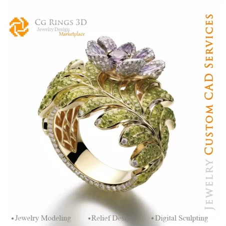 Blumenring mit Peridot und Tansanit - 3D-CAD-Schmuck Zuhause, KI - Schmuck 3D-CAD, KI - Ringe 3D-CAD, KI - 3D-CAD-Schmuck Melo
