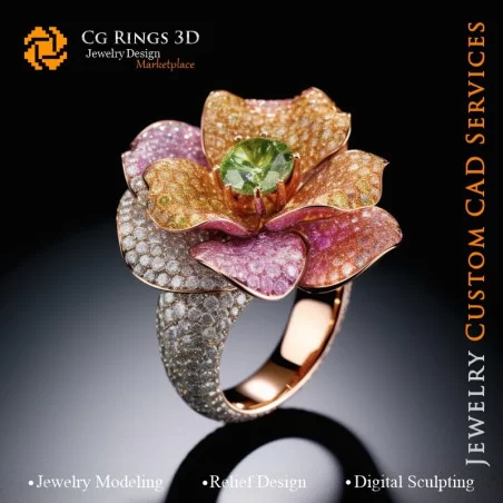 Bague Fleur avec Mélodie de Couleurs - Bijoux 3D CAO Home, AI - Bijoux 3D CAO, AI - Anneaux 3D CAO , AI - Bijoux 3D CAO Mélodie 