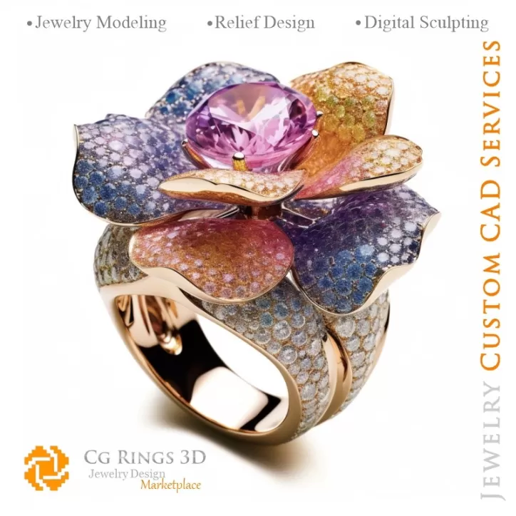 Bague Fleur avec Mélodie des Couleurs - CAO Bijoux 3D
