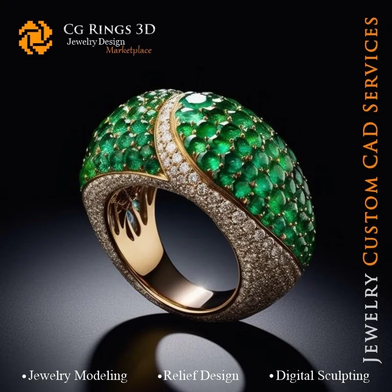 Ring with Emerald and Diamonds - 3D CAD Jewelry Home, AI - Jewelry 3D CAD , AI - Rings 3D CAD , AI - 3D CAD Jewelry Melody of Co