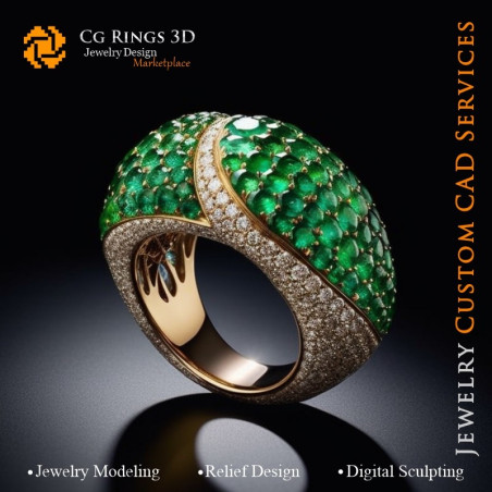 Bague avec Émeraude et Diamants - Bijoux 3D CAO Home, AI - Bijoux 3D CAO, AI - Anneaux 3D CAO , AI - Bijoux 3D CAO Mélodie des C