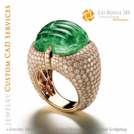 Bague avec Émeraude et Diamants - Bijoux 3D CAO Home, AI - Bijoux 3D CAO, AI - Anneaux 3D CAO , AI - Bijoux 3D CAO Mélodie des C