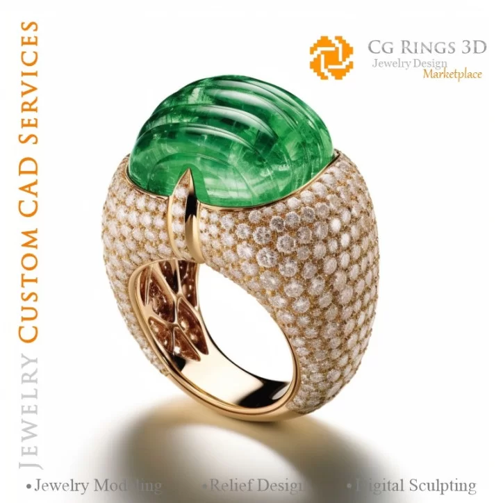 Ring with Emerald and Diamonds - 3D CAD Jewelry