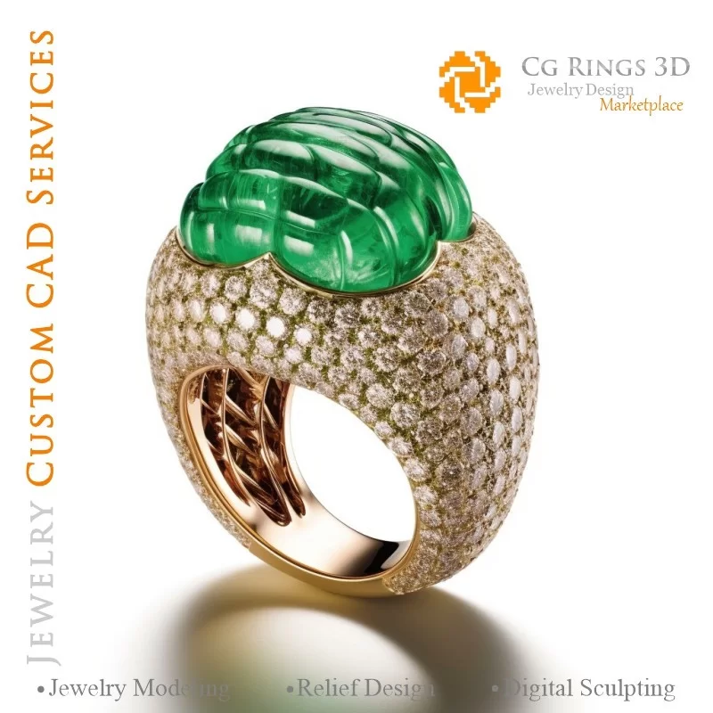 Bague avec Émeraude et Diamants - Bijoux 3D CAO Home, AI - Bijoux 3D CAO, AI - Anneaux 3D CAO , AI - Bijoux 3D CAO Mélodie des C