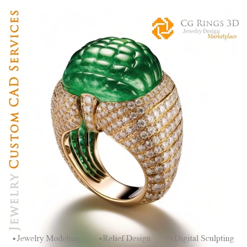 Bague avec Émeraude et Diamants - Bijoux 3D CAO Home, AI - Bijoux 3D CAO, AI - Anneaux 3D CAO , AI - Bijoux 3D CAO Mélodie des C