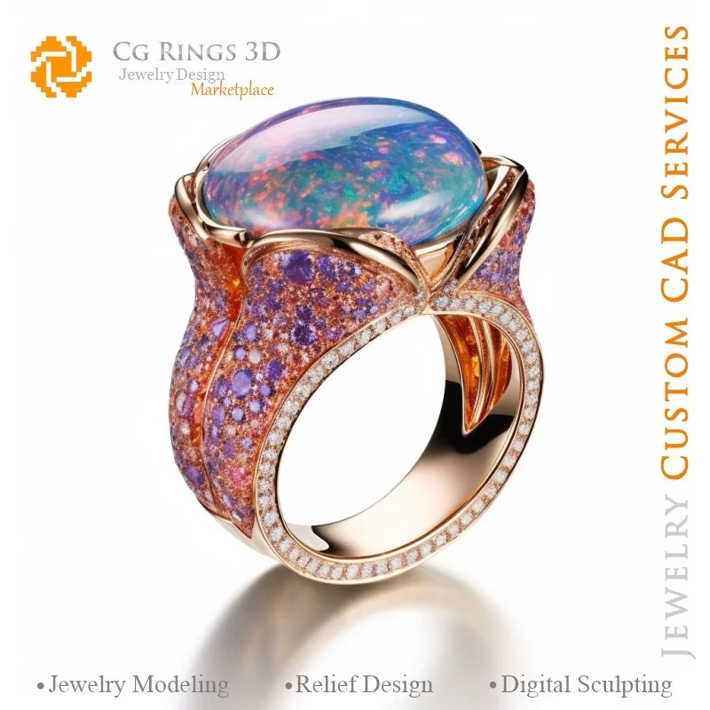 Bague avec Opale - Bijoux 3D CAO Home, AI - Bijoux 3D CAO, AI - Anneaux 3D CAO , AI - Bijoux 3D CAO Mélodie des Couleurs, AI - B