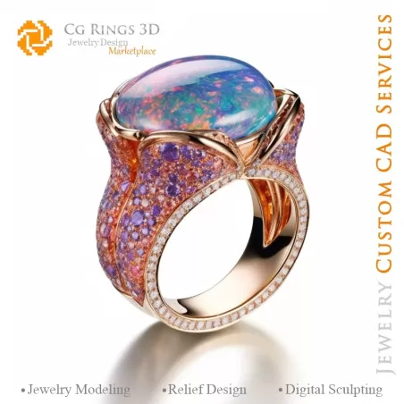 Anillo con ópalo - CAD 3D Joyería Hogar, IA - Joyería CAD 3D, IA - Anillos CAD 3D, IA - CAD 3D Joyería Melodía de Colores, IA -