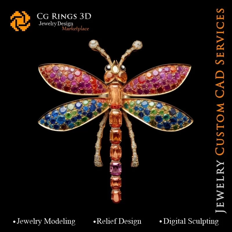 Dragonfly Pendant with Melody of Colours - 3D CAD Jewelry Home, AI - Jewelry 3D CAD , AI - Pendants 3D CAD , AI - 3D CAD Jewelry