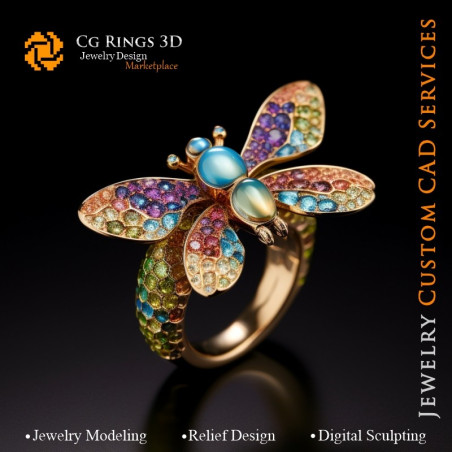 Dragonfly Ring with Melody of Colours - 3D CAD Jewelry Home, AI - Jewelry 3D CAD , AI - Rings 3D CAD , AI - 3D CAD Jewelry Melod