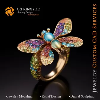 Libellenring mit Melodie der Farben - 3D-CAD-Schmuck Zuhause, KI - Schmuck 3D-CAD, KI - Ringe 3D-CAD, KI - 3D-CAD-Schmuck
