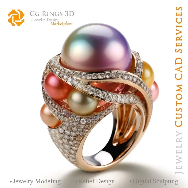 Ring with Pearls and Diamonds - 3D CAD Jewelry Home, AI - Jewelry 3D CAD , AI - Rings 3D CAD , AI - 3D CAD Jewelry Melody of Col