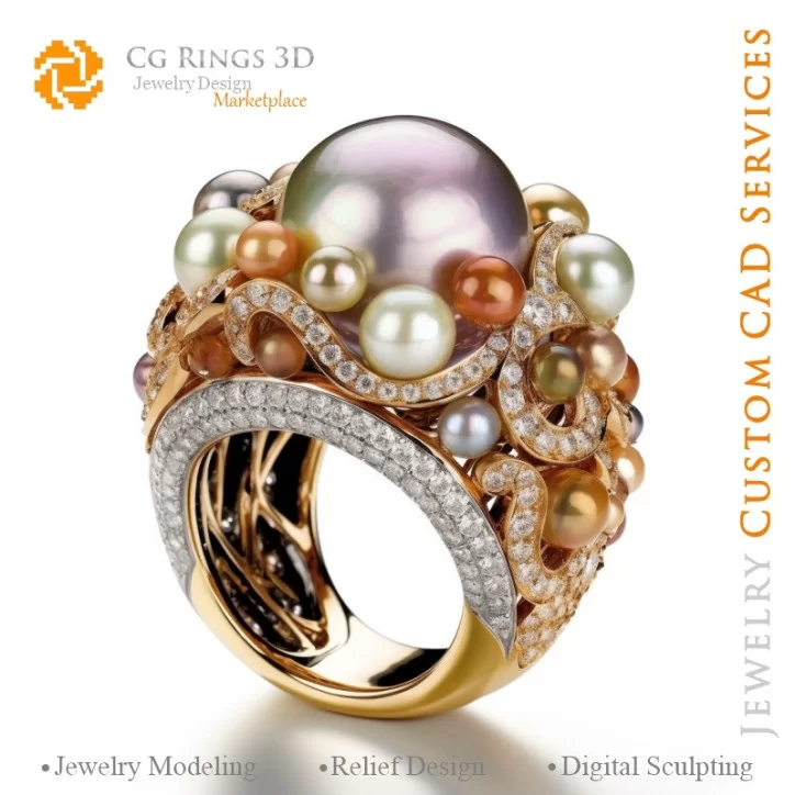 Ring with Pearls and Diamonds - 3D CAD Jewelry