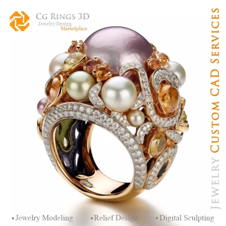 Anello con Perle e Diamanti - 3D CAD Gioielli