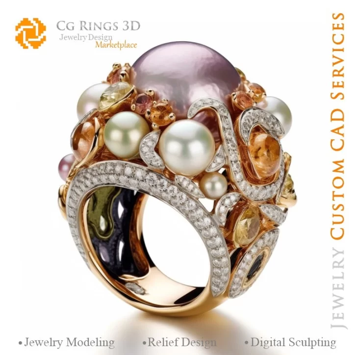 Ring with Pearls and Diamonds - 3D CAD Jewelry