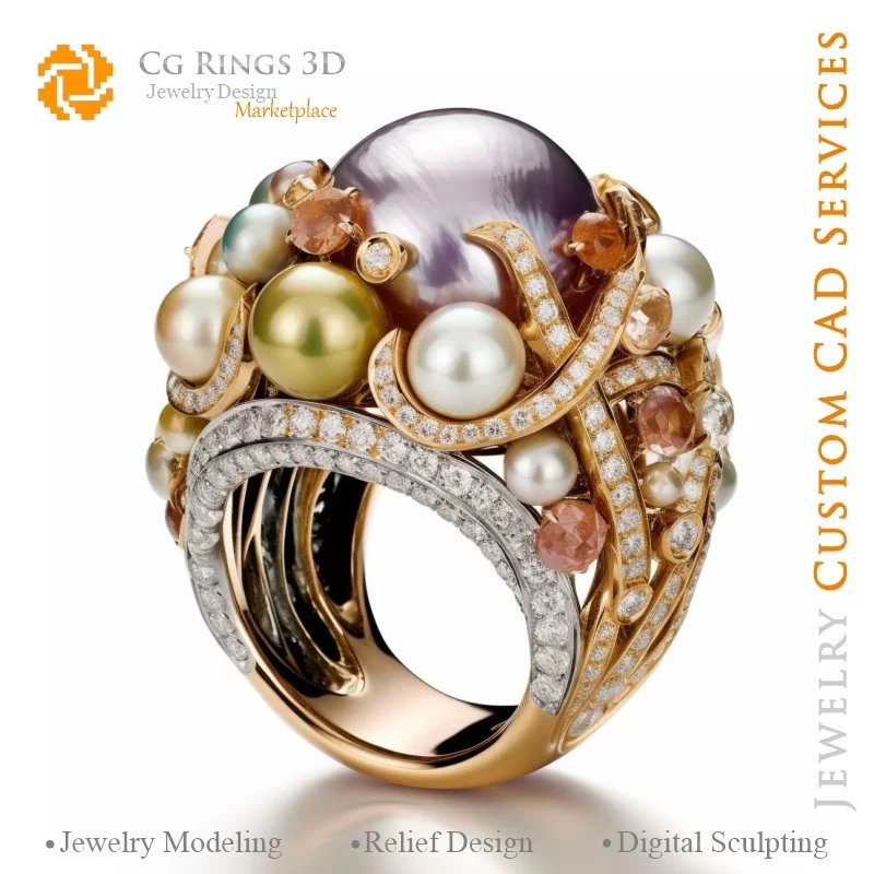 Bague avec Perles et Diamants - Bijoux 3D CAO Home, AI - Bijoux 3D CAO, AI - Anneaux 3D CAO , AI - Bijoux 3D CAO Mélodie des Cou