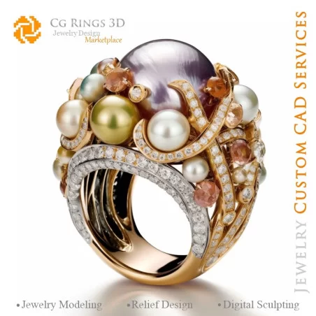 Bague avec Perles et Diamants - Bijoux 3D CAO Home, AI - Bijoux 3D CAO, AI - Anneaux 3D CAO , AI - Bijoux 3D CAO Mélodie des Cou