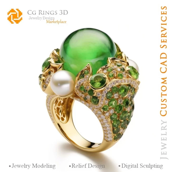 Ring with Emerald and Diamonds - 3D CAD Jewelry