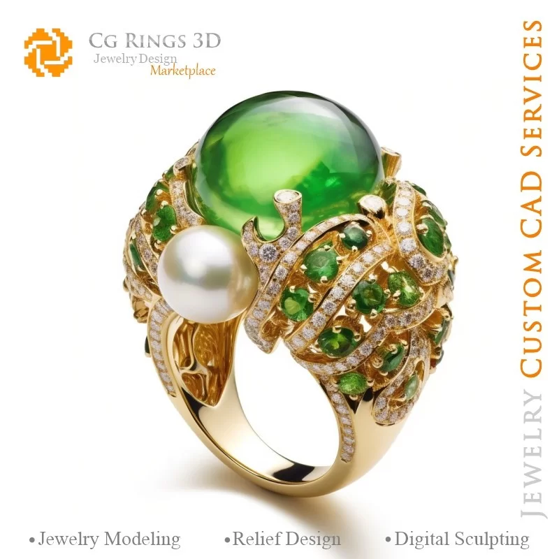 Bague avec Émeraudes et Diamants - Bijoux 3D CAO Home, AI - Bijoux 3D CAO, AI - Anneaux 3D CAO , AI - Bijoux 3D CAO Mélodie des 