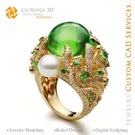 Ring with Emerald and Diamonds - 3D CAD Jewelry Home, AI - Jewelry 3D CAD , AI - Rings 3D CAD , AI - 3D CAD Jewelry Melody of Co