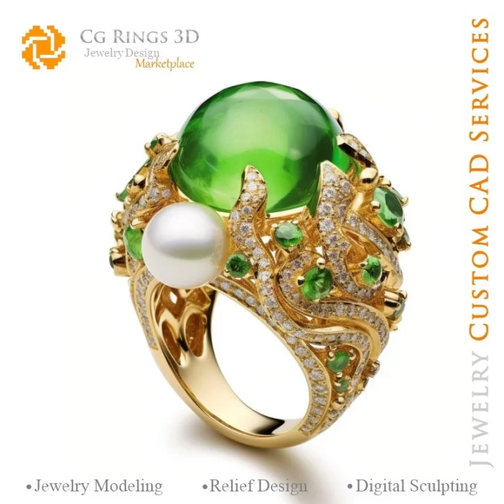 Ring with Emerald and Diamonds - 3D CAD Jewelry