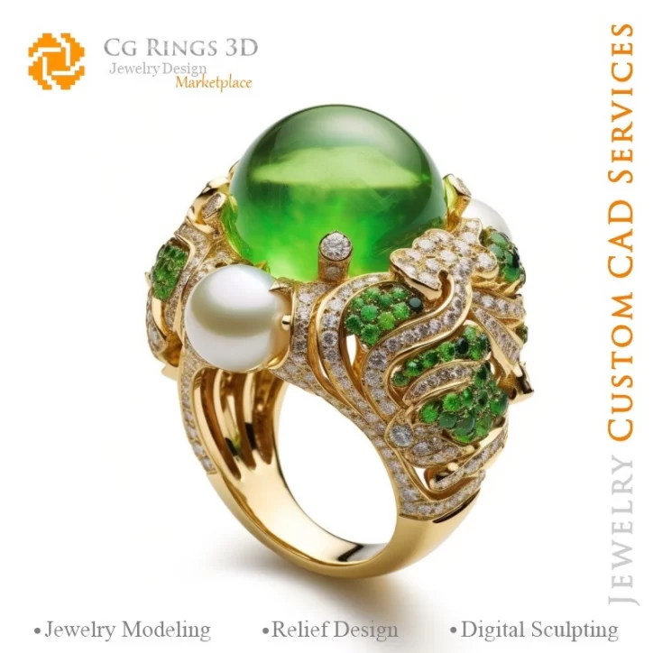 Ring with Emerald and Diamonds - 3D CAD Jewelry