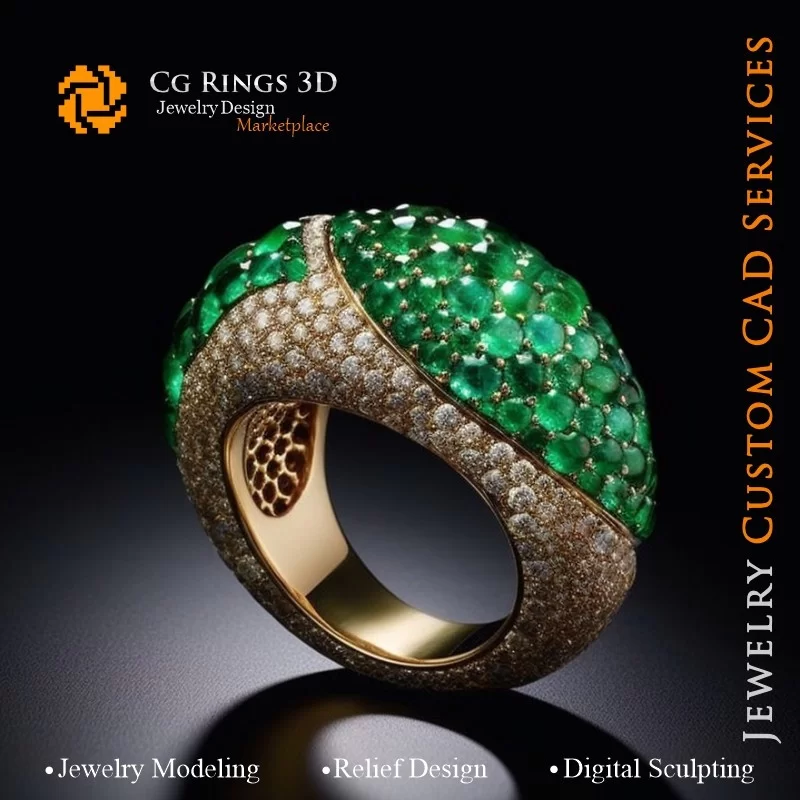 Bague avec Émeraudes et Diamants - Bijoux 3D CAO Home, AI - Bijoux 3D CAO, AI - Anneaux 3D CAO , AI - Bijoux 3D CAO Mélodie des 