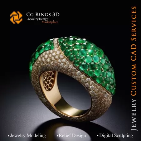 Ring mit Smaragd und Diamanten - 3D-CAD-Schmuck Home, KI - Schmuck 3D-CAD, KI - Ringe 3D-CAD, KI - 3D-CAD-Schmuck Melody of Co