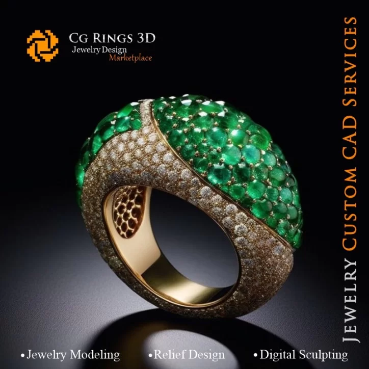 Ring with Emerald and Diamonds - 3D CAD Jewelry