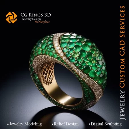 Bague avec Émeraudes et Diamants - Bijoux 3D CAO Home, AI - Bijoux 3D CAO, AI - Anneaux 3D CAO , AI - Bijoux 3D CAO, AI - Bijoux