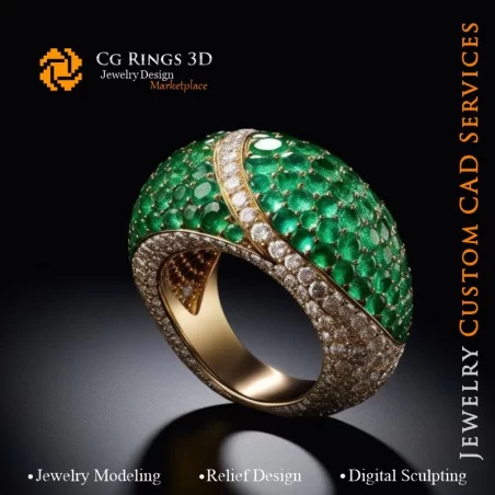 Ring with Emerald and Diamonds - 3D CAD Jewelry Home, AI - Jewelry 3D CAD , AI - Rings 3D CAD , AI - 3D CAD Jewelry Melody of Co